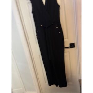 Black Sleeveless pant Jumpsuit Gold Button Accent Tie Waist Medium